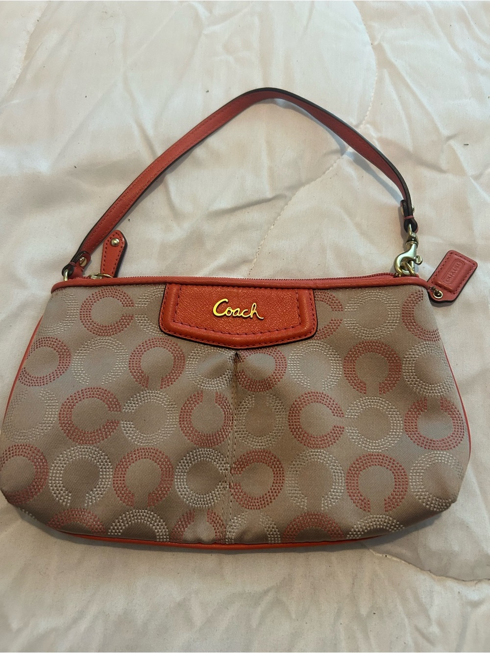 Coach Tan Signature Circle Shoulder Bag with Coral Trim